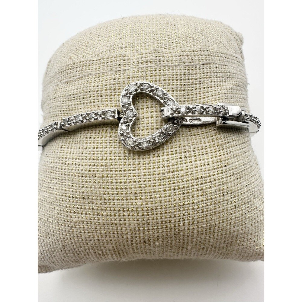 Platinum Over 925 Sterling Silver Heart Tennis Bracelet 7” C Z